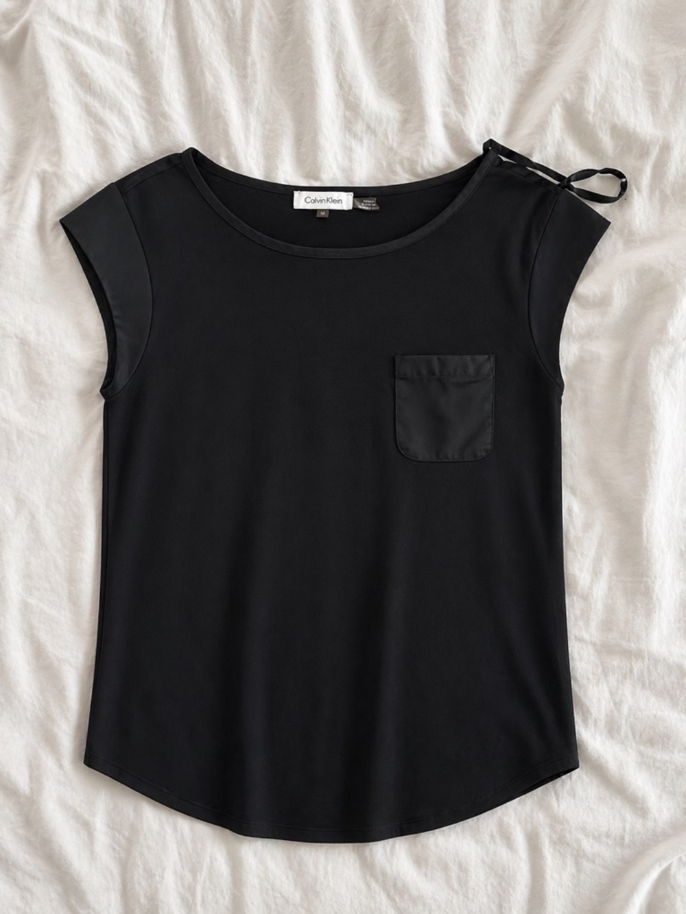 Calvin Klein Black Cap-Sleeve Pocket Tee with Shoulder Tie